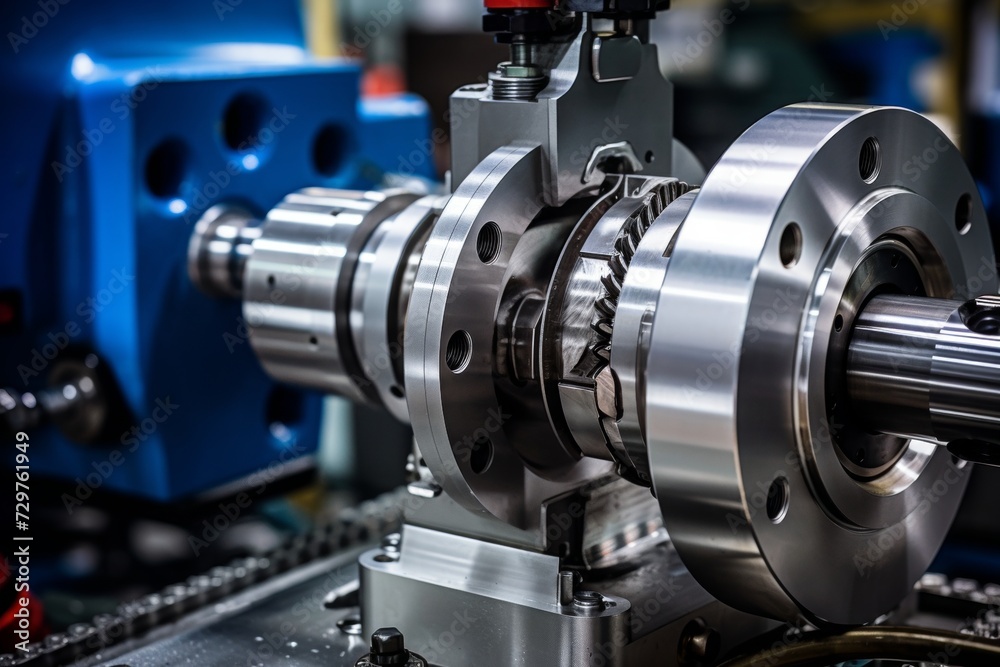 A close-up view of a robust metal coupling component in an industrial setting, surrounded by machinery and complex mechanical parts A close-up view of a robust metal coupling component in an industrial setting, surrounded by machinery and complex mechanical parts