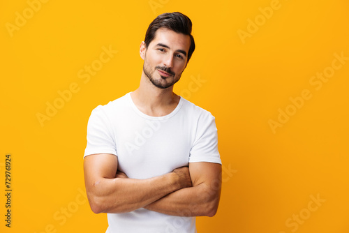 Portrait man studio copy casual white mockup clothing clothes space t-shirt shirt model lifestyle background template