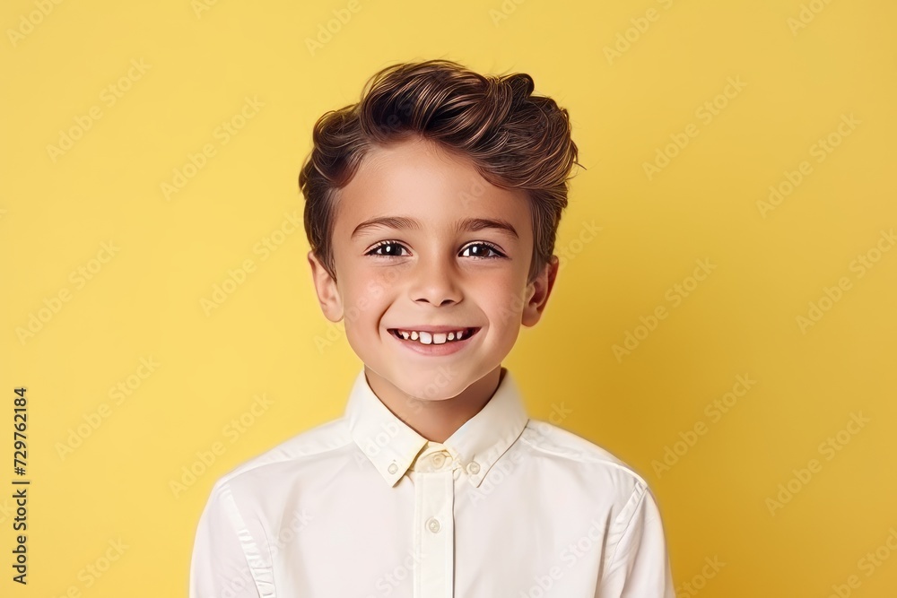 Portrait of a smiling little boy in a white shirt against a yellow background Portrait of a smiling little boy in a white shirt against a yellow background