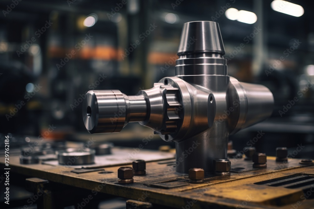 Close-up of a shiny metal nozzle, an essential industrial part, against a blurred backdrop of a bustling factory floor filled with machinery and workers