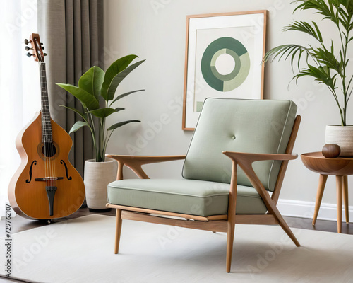 Minimalistic Mid-Century Music Room - Soft Upholstery, Eco-Friendly Design Gen AI photo