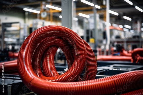 A close-up view of a heavy-duty industrial hose, coiled and ready for use, set against the backdrop of a bustling factory floor filled with machinery and workers