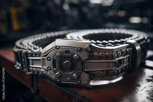 A close-up shot of a rugged industrial belt, intricately designed with metallic parts, set against the backdrop of a bustling factory floor