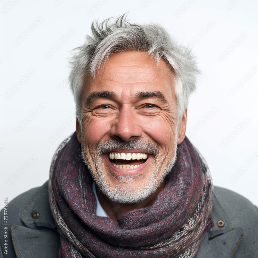 Elderly senior model man with grey hair laughing and smiling. isolated on white background