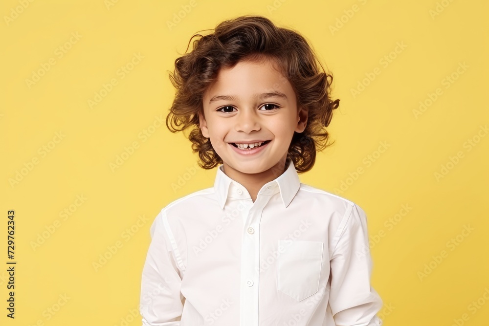 Portrait of a cute little boy with curly hair over yellow background Portrait of a cute little boy with curly hair over yellow background