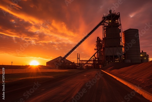 A colossal coal hopper stands majestically against a backdrop of industrial machinery and a vibrant sunset, symbolizing the power of industry