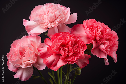 bunch of 4 pink carnation flowers isolated on plain black studio background 