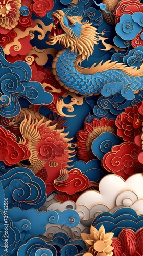Chinese Lunar Asian New Year Dragon Paper Cut Phone Wallpaper Background Illustration