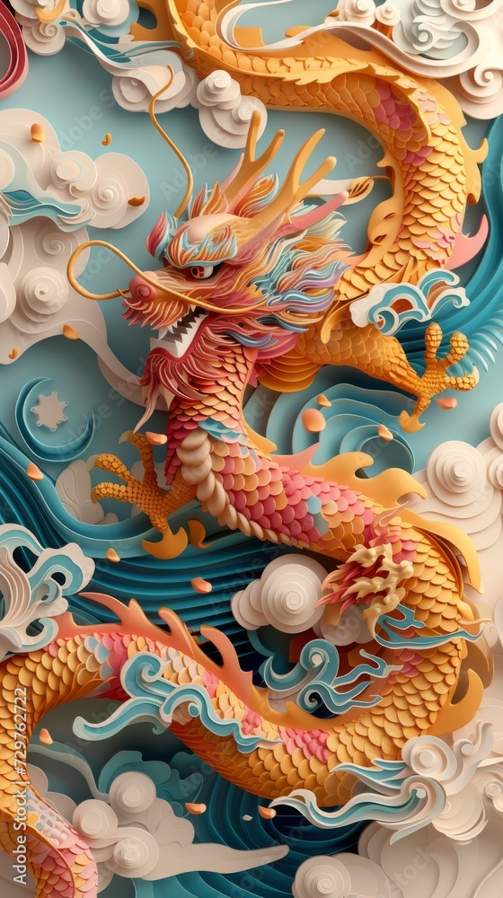 Chinese Lunar Asian New Year Dragon Paper Cut Phone Wallpaper Background Illustration