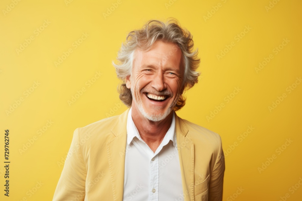 Portrait of happy senior man laughing and looking at camera over yellow background Portrait of happy senior man laughing and looking at camera over yellow background