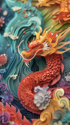 Chinese Lunar Asian New Year Dragon Paper Cut Phone Wallpaper Background Illustration