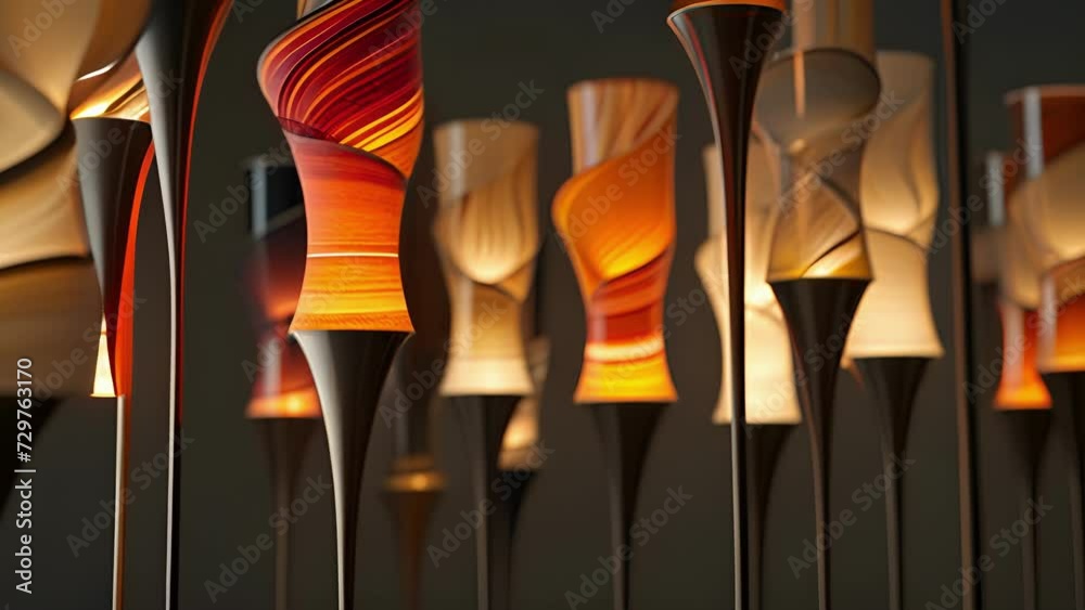A macro view of a customized floor lamp with a variety of interchangeable lampshades allowing for endless lighting options and the ability to match any decor.