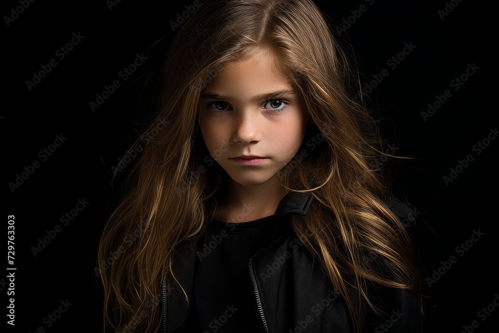Portrait of a beautiful little girl with long hair on a black background
