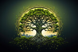 A Celtic tree illustration with growing roots and a sun backlighting it