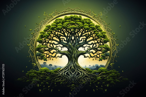 A Celtic tree illustration with growing roots and a sun backlighting it
