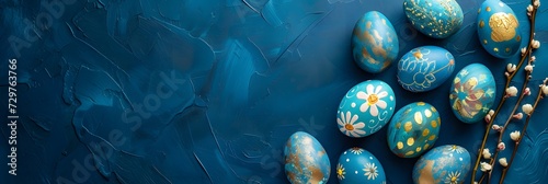 Wide banner with a blue textured background and golden decorations on blue Easter eggs - Generative ai