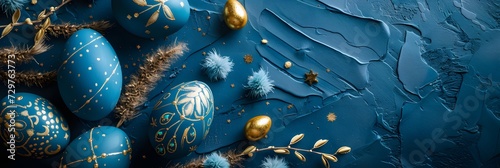 Wide banner with a blue textured background and golden decorations on blue Easter eggs - Generative ai photo