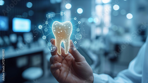 Dental services Dentistry concept Dental insurance dental care dental care Doctor holds tooth icon and medicine network connection on virtual screen. photo