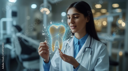 Dental services Dentistry concept Dental insurance dental care dental care Doctor holds tooth icon and medicine network connection on virtual screen.