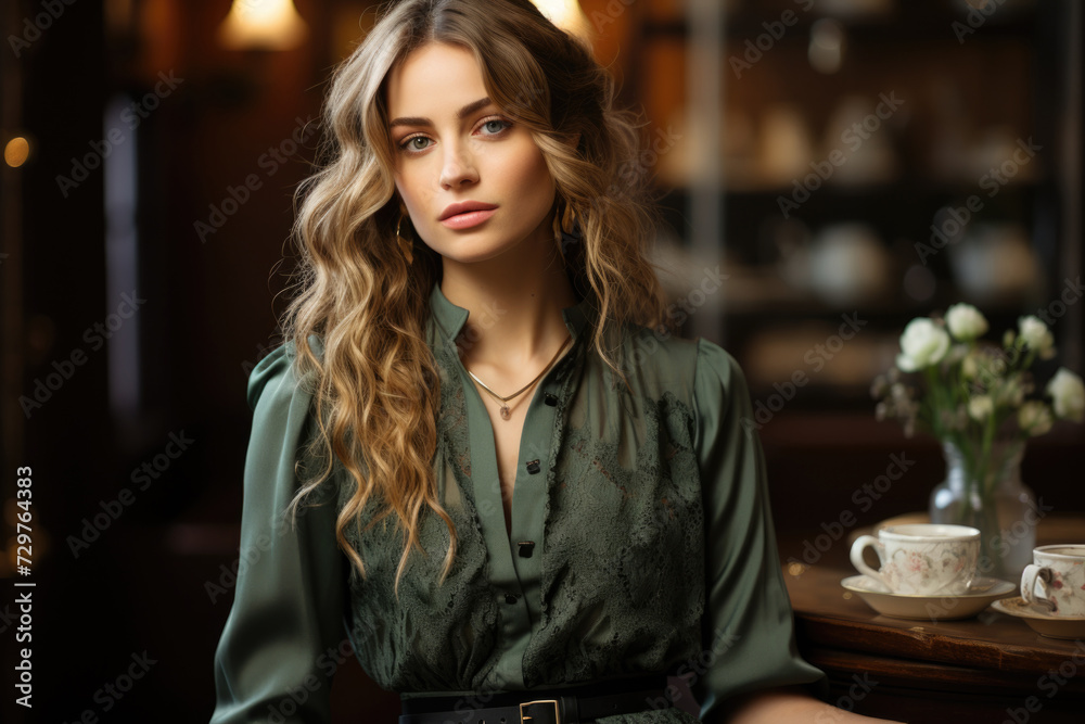 Obraz premium portrait of a woman with long wavy hair in a coffee shop