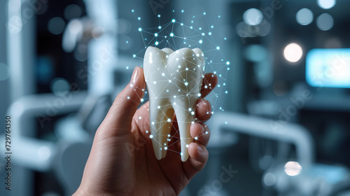 Dental services Dentistry concept Dental insurance dental care dental care Doctor holds tooth icon and medicine network connection on virtual screen. © Morng