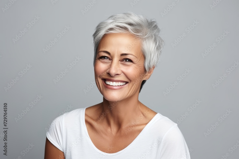 Portrait of beautiful senior woman smiling and looking at camera against grey background