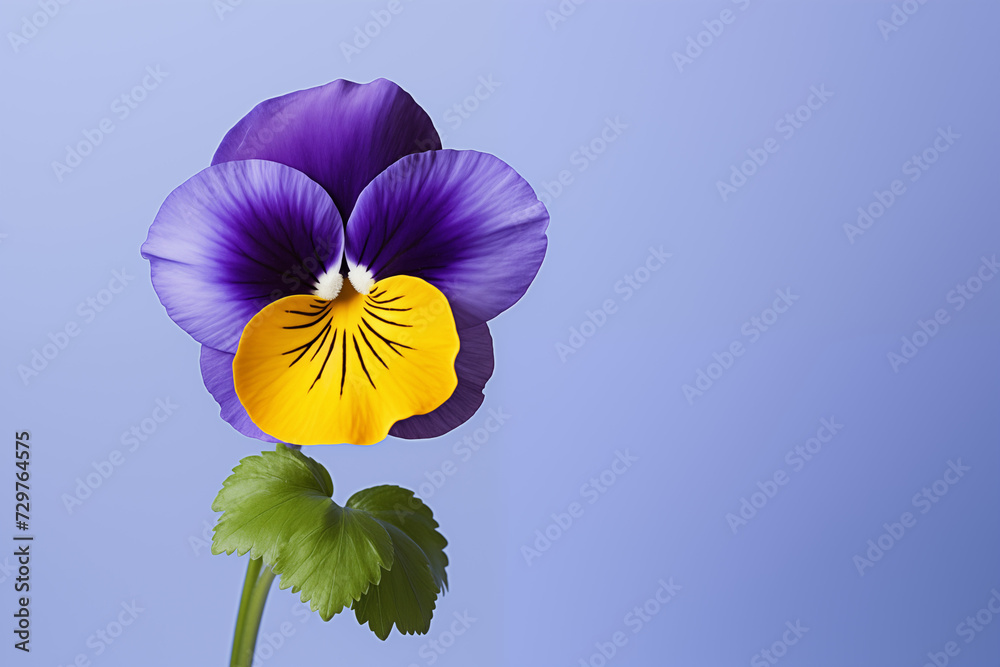 purple-yellow-pansy-flower-isolated-on-plain-blue-color-studio