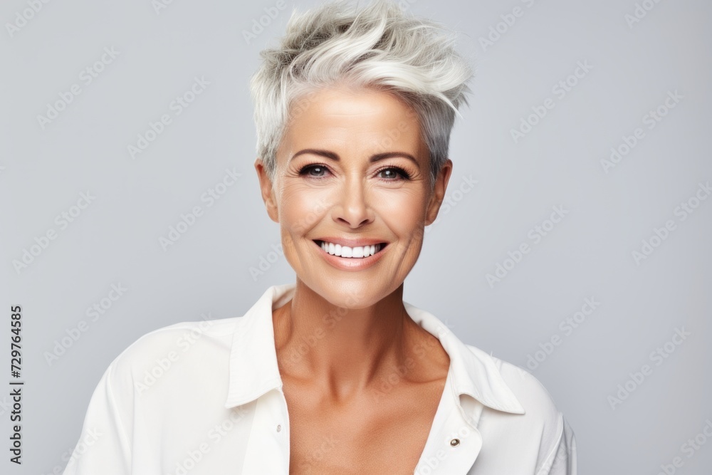 Portrait of happy smiling businesswoman in white shirt, over grey background Portrait of happy smiling businesswoman in white shirt, over grey background