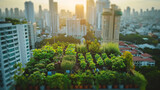 A sustainable skyscraper with lush vertical gardens, integrating green living into modern urban architecture during sunrise. Sustainable food lifestyle city life concept.