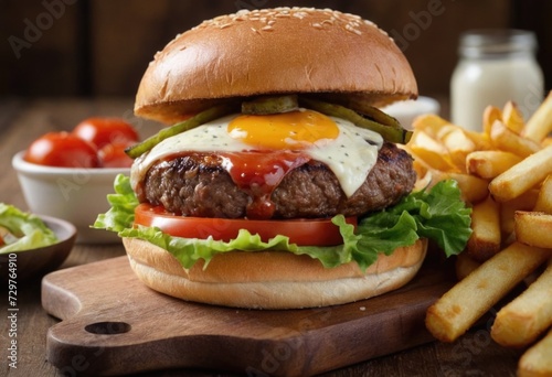 A detailed illustration of a juicy burger with grilled meat, topped with fresh vegetables, tomatoes, a generous spread of ketchup, sliced onions, melted cheese, and crisp lettuce, nestled between soft