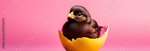 Chick hatched out of chocolate Easter egg on light pink background. Minimal holiday concep