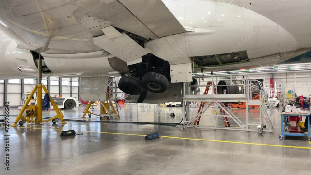 The landing gear of a large aircraft extend and retract into the fuselage.