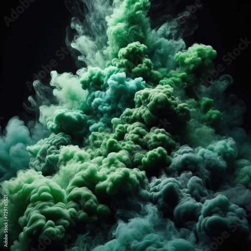 A dynamic and dramatic display of green smoke or vapor against a dark background