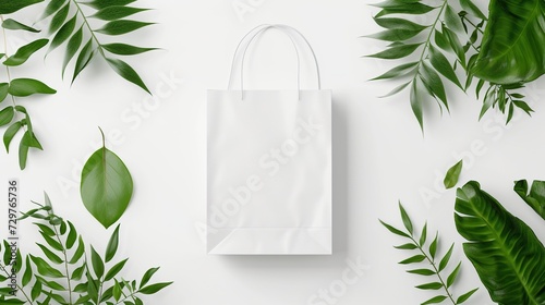 White paper bag with green leaves decoration photo