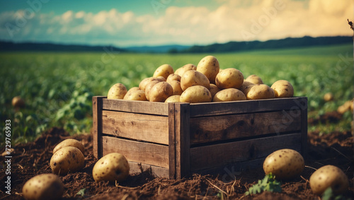 A wooden box with potatoes in a field