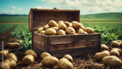 A wooden box with potatoes in a field © Prinxe