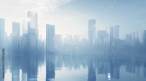city skyline lake foreground abstract white fluid gentle mists cloning facility empty buildings transparent glass deep smoothened