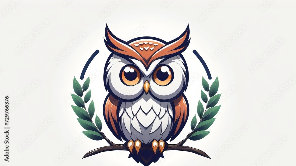 Fototapeta premium Detailed Illustration of an Owl Logo with Orange and White Feathers, Perched on a Branch, Surrounded by Green Leaves