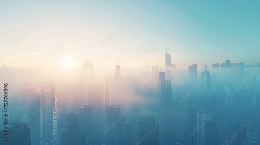view city lot tall buildings transparent fractal morning fog full haze sunrise springtime scattering coming singularity zoomed out