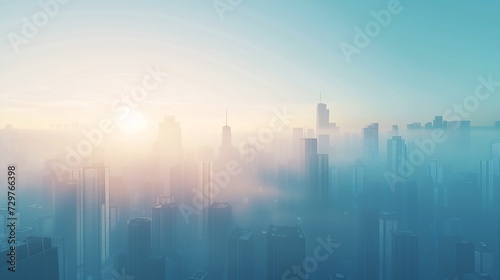 view city lot tall buildings transparent fractal morning fog full haze sunrise springtime scattering coming singularity zoomed out