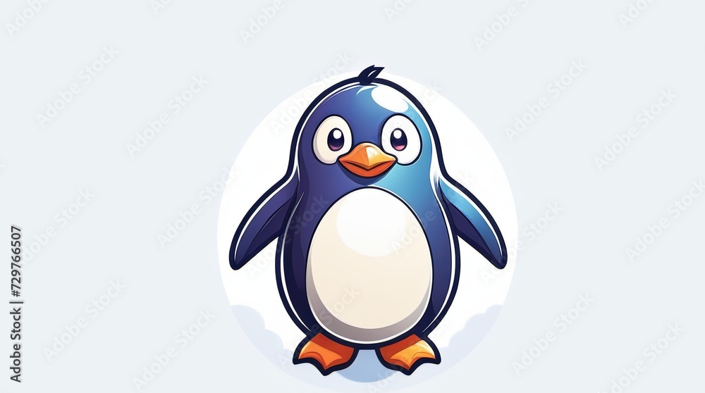 Naklejka premium Cartoon Penguin Logo with Blue Feathers, Orange Beak and Feet, Expressive Eyes on Light Background