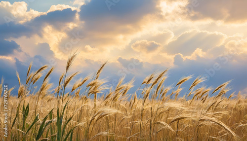Wheat field against the sky full of rain clouds. The wind sways the ears. Landscape