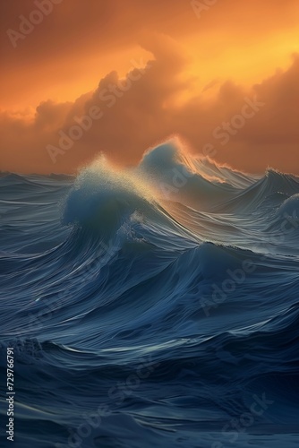 large wave ocean sky background moody sunset liquified diffuse light deep reflecting suns anomalies amber glow dulled contrast © Cary
