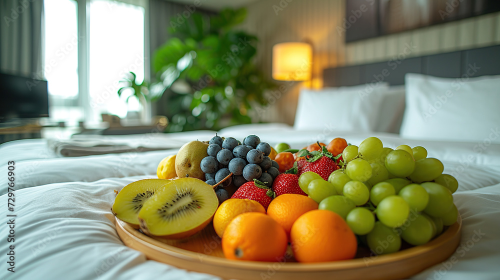 Focus on fruit. In a hotel room with fruit Place a tray on the bed to welcome VIP guests.