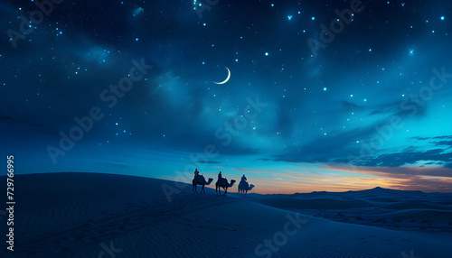 A tranquil desert scene at night with camels, a caravan, and a crescent moon in the starry sky, representing the concept of Ramadan. © NE97