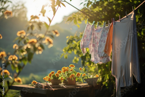 Rural charm in a tranquil scene of laundry drying outdoors AI Generative. photo