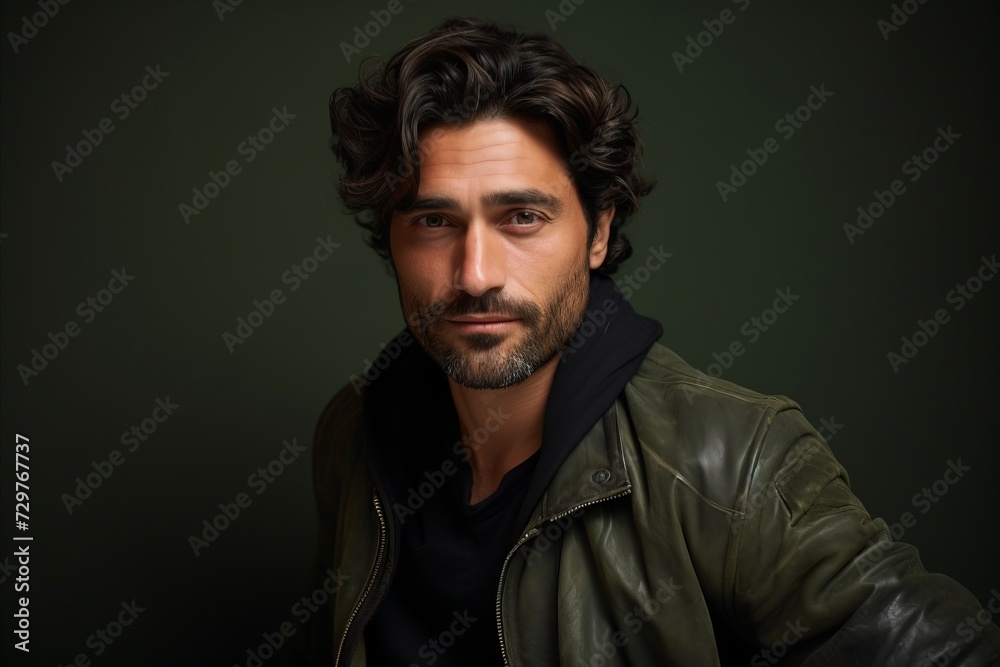 Portrait of a handsome man in a leather jacket. Men's beauty, fashion.