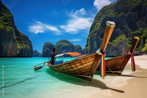 Traditional boats on a serene tropical beach showcasing paradise vibes - AI Generative. © Alisa