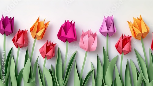 brightly colored paper flowers arranged row white surface technology review cutouts plain color tulips folded geometry reduce duplication homes gardens