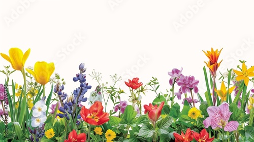 different flowers row ground banner garden foreground created illustrator spring loosely cropped science poster promotional attribution company joy life